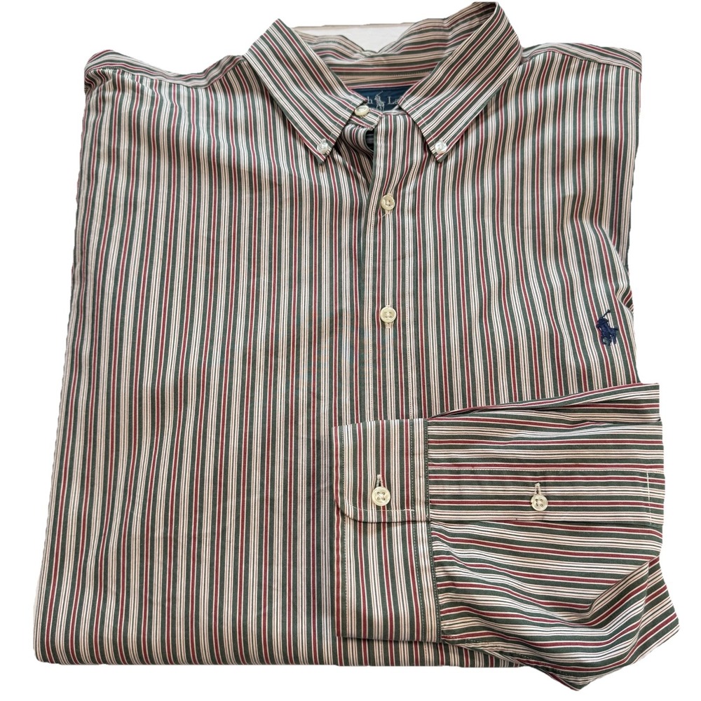 Polo Ralph Lauren Green Red Striped Button Down Cotton Shirt Size 2XB